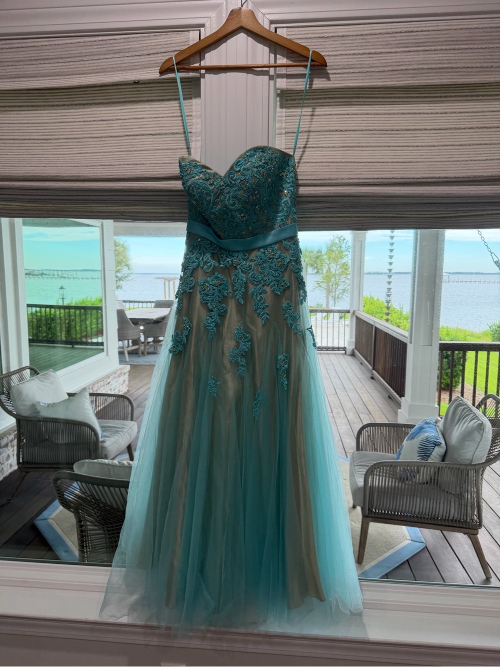 Night Moves Prom Collection Teal Lace Applique Tulle Gown